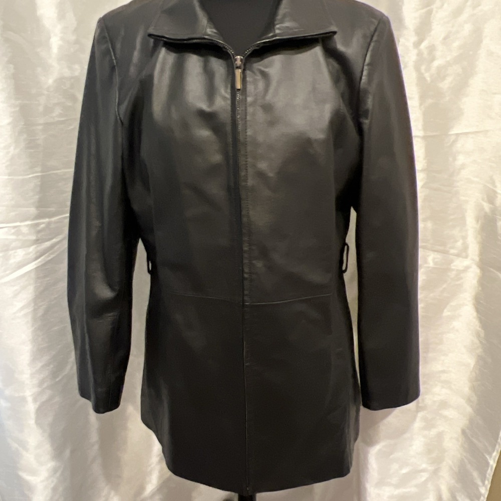 Worthington‎ Black Genuine Leather Women's Coat Size Ladies L  Pockets Full Zip